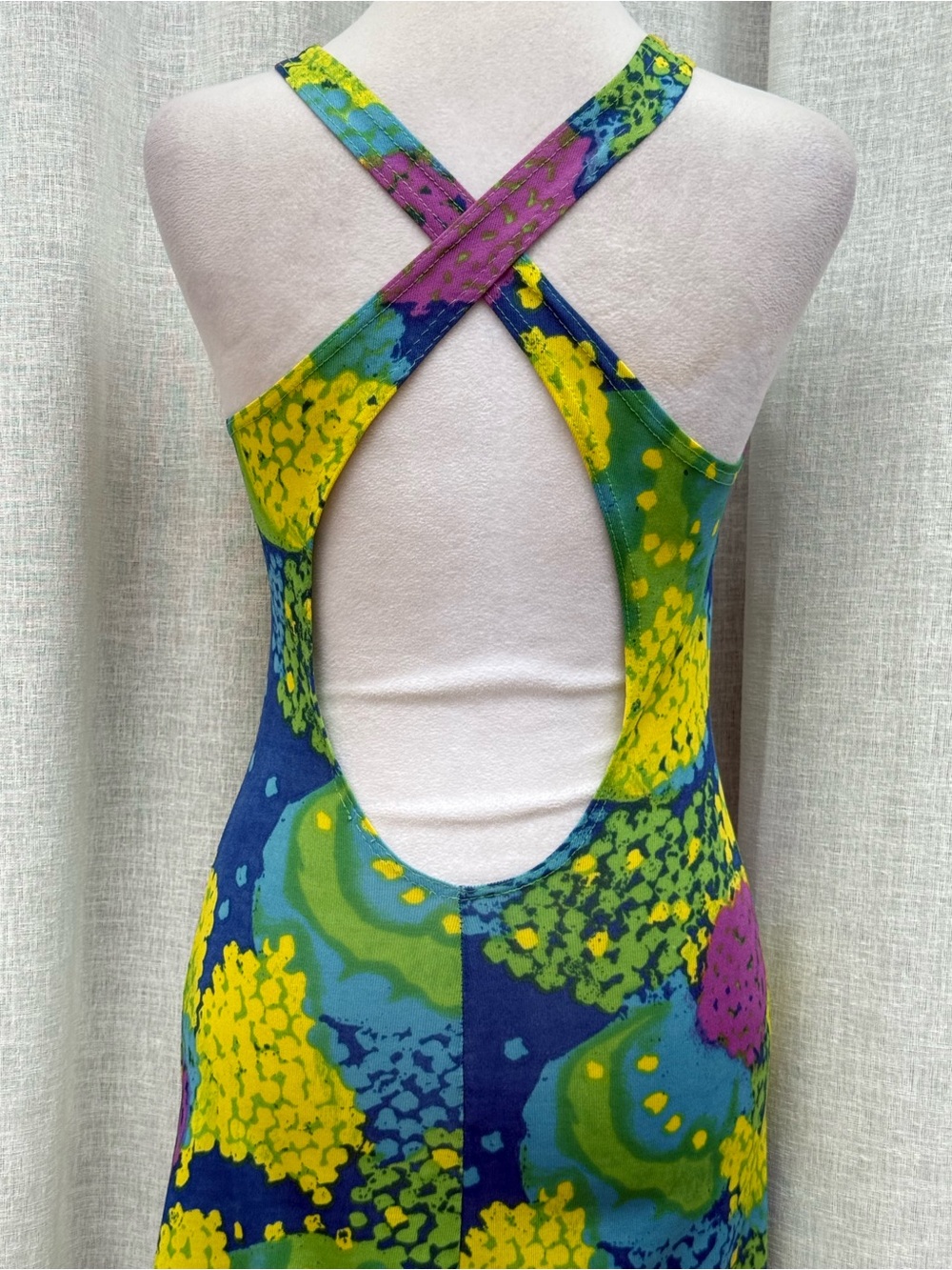 1970 paisley JerSea of Sweden cross back blue yellow green sleeveless dress - Picture 6 of 14